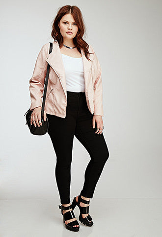 Collarless Faux Leather Jacket